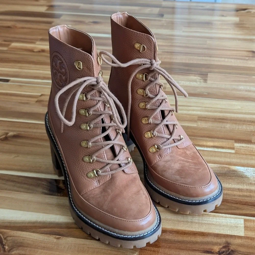 Tory Burch Miller Lug Sole Ankle Boots Brown Pebbled Leather Tan‎ Size 7.5